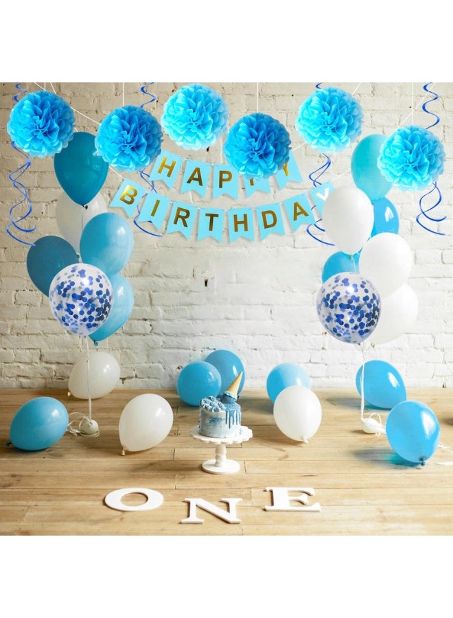 Mordely Blue Birthday Decorations Kit - HAPPY BIRTHDAY Banner, Spiral Charm, Paper Flower Ball and Balloons for Boys and Gilrs Birthday Party - Image 3